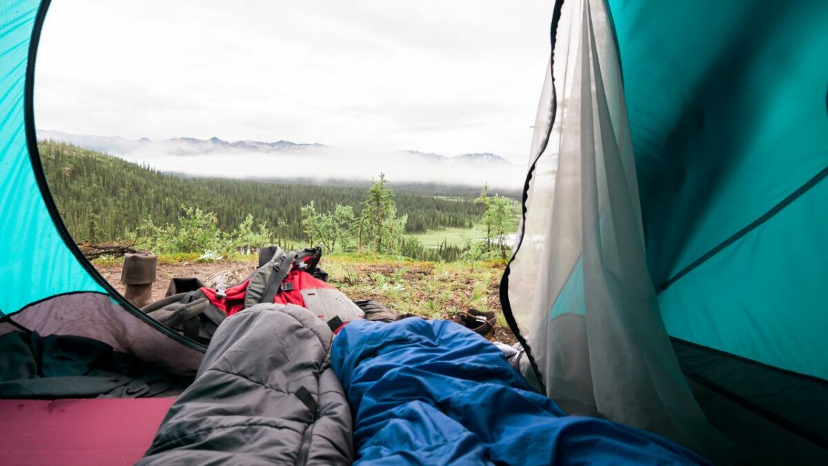 Wild camping sleeping bags in a tent
