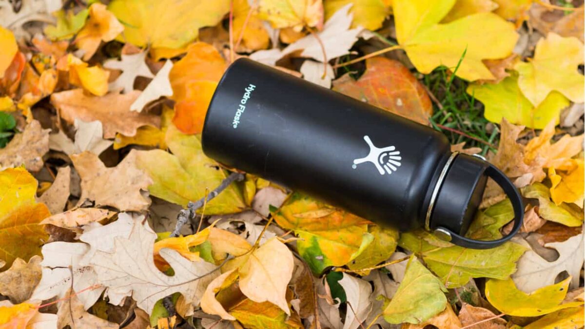 Hydro Flask lies on yellow leaves
