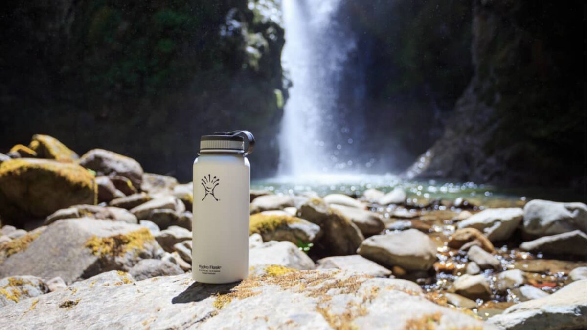 Hydro Flask on a waterfall backdrop