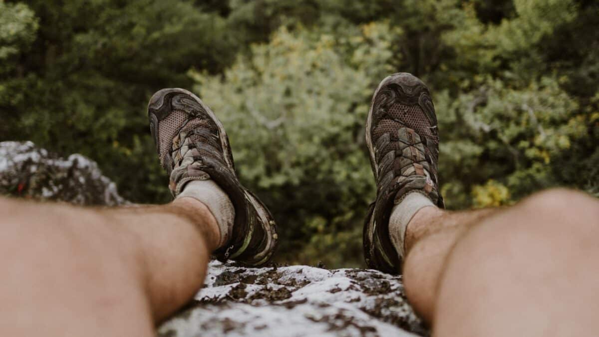 Man wearing brown hiking shoes