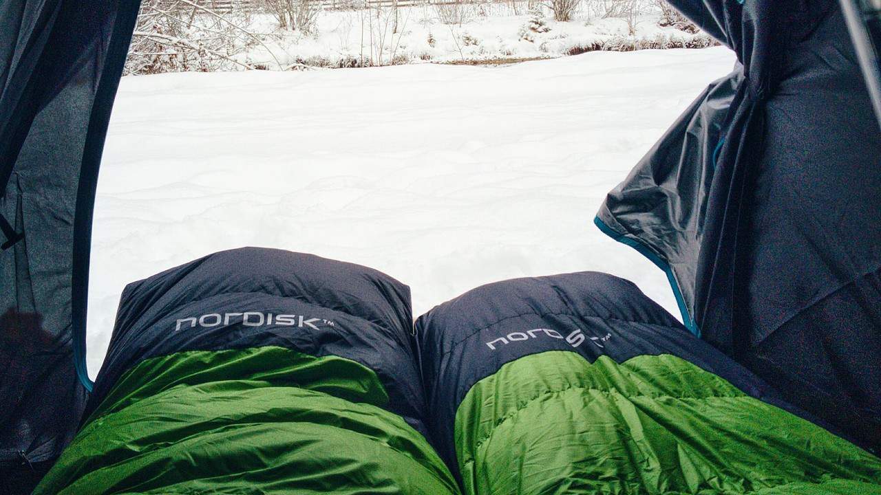 Winter sleeping bags in a tent