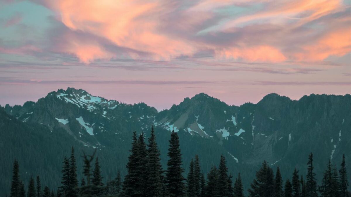 Beautiful winter sunset over Mt Rainier National Park in Washington State